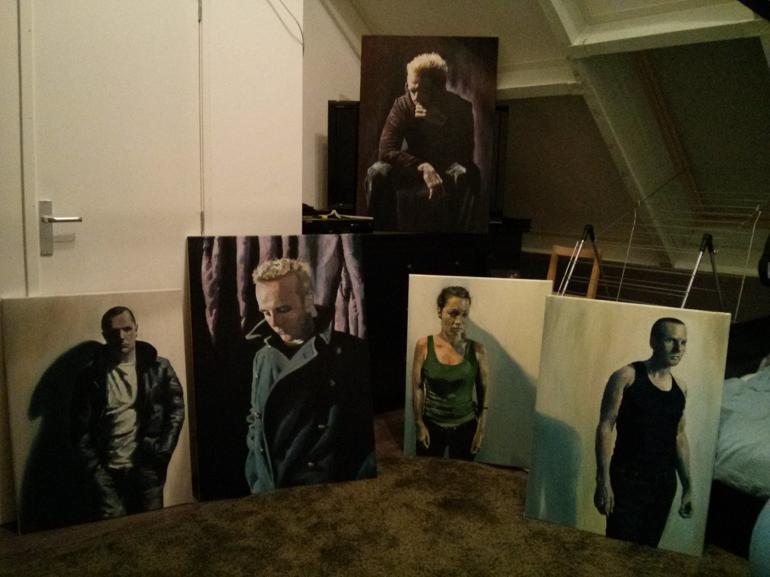 Group image of five oil on canvas paintings by Mata Haggis, 2013