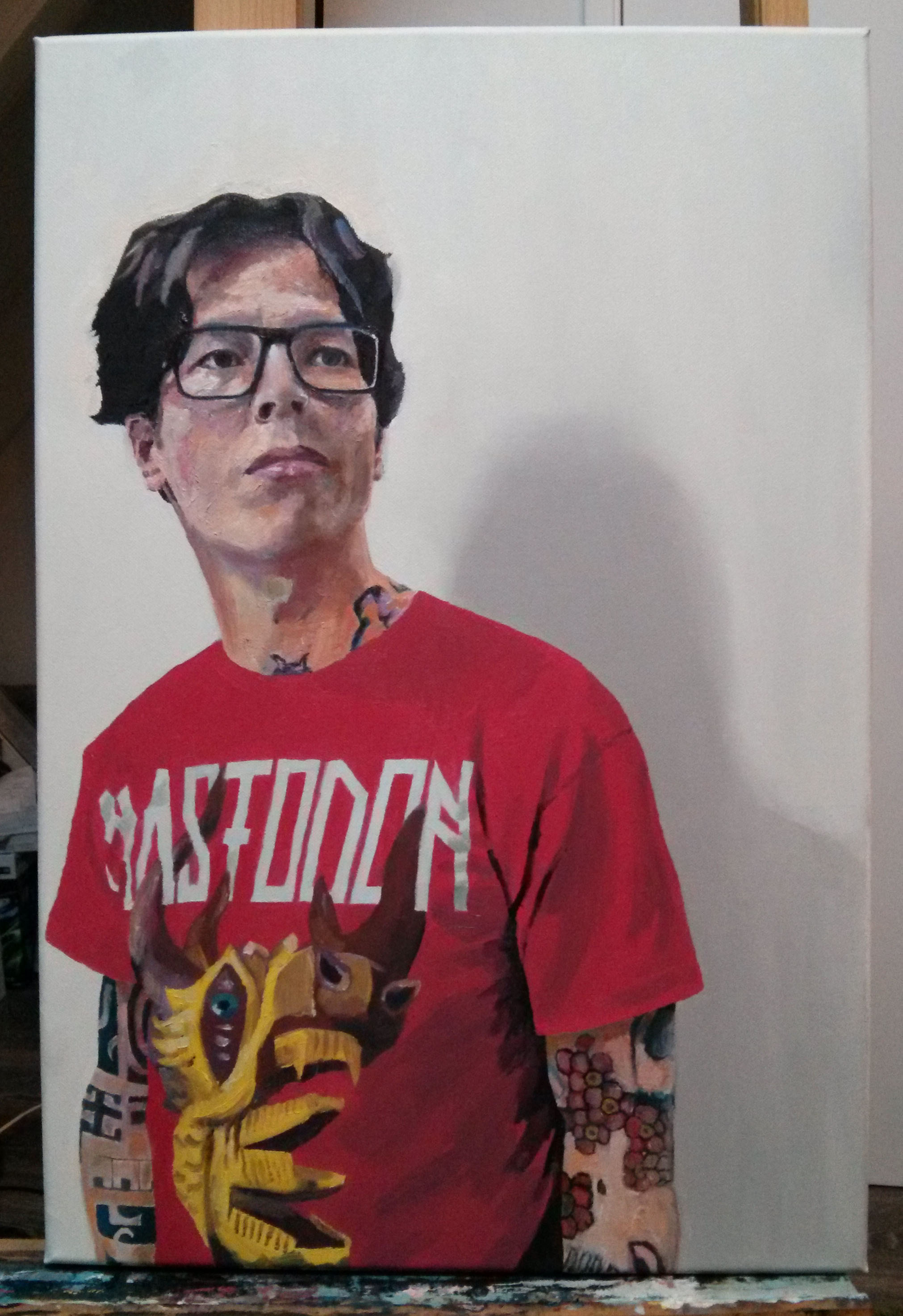 'Roger, tattooist, red T-shirt' by Mata Haggis, 2013. Oil on Canvas. 60x80cm